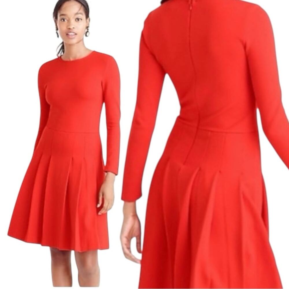 J. Crew Elegant Pleated Long Sleeve Red Knit Mini Dress Size 8 like new